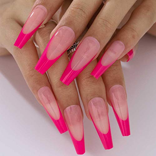 Outyua French Extra Long Press on Nails Glossy Coffin Fake Nails V Shape Super Long False Nails Acrylic Ballerina Full Cover Nails 20Pcs for Woemen and Girls (Hot Pink) - Thumbnail 4