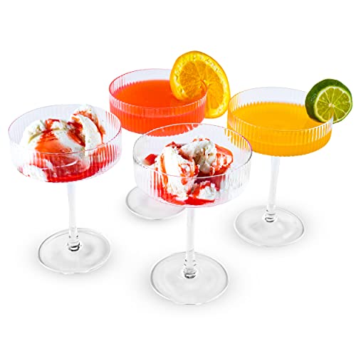 Mlts - Ribbed Champagne Coupe Glassware | Crystal Clear Coupe Glasses | Large Martini Glasses Set Of 4 | Long Stem Glassware | Perfect For Cocktail, Champagne And Gifting | 10.6Cm X 14Cm | 280Ml #TOP1