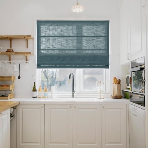 Image of TWOPAGES Liz No Drill Cordless Roman Shades Linen Textured Roman Blinds for Windows, Custom Made Room Darkening Blackout Roman Window Shades, Hardware Included, Everglade Teal, 1 Piece