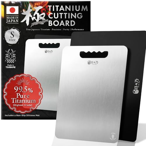 HIBINO Titanium Chopping Board | 99.5% Pure Japanese Titanium | Non-Toxic | Lightweight and Dishwasher Safe | S Size | Made in Japan | With Non-Slip Mat | For Kitchen and Camping Use