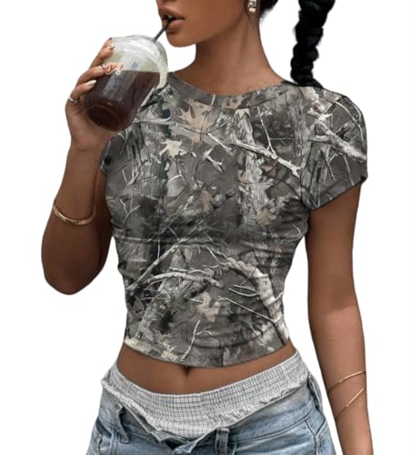 QJQ Women's Y2k Camo Crop Tops Short Sleeve Crewneck Maple Leaf Print Slim Fit T Shirts Grunge Going Out Top
