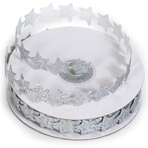 Silver Glitter Star Ribbon Sparkly Trim 0.8 Inch x 20 Yards Polyester