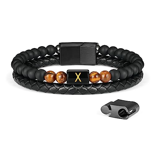 LUXEJEW Beaded Bracelets for Men - Black Mens Leather Bracelet Beads Letter X Initial Bracelet for Men Gifts Tiger Eye Bracelets Mens Jewelry Men's Gifts for Husband Dad Son