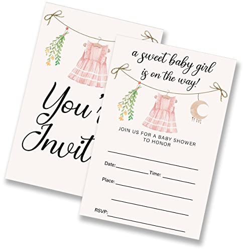 Lothuy Sweet Baby Girl Baby Shower Party Invitations Boho Baby Clothes Fill In Invites Cards For Baby Showers, 4"X6" (20 Invitations And Envelopes) #TOP4