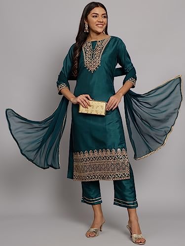 Image of VredeVogel Women's Silk Blend Embroidered Kurta with Pant & Nazneen Dupatta Set