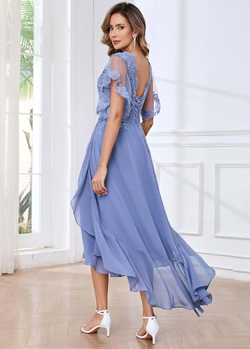 Tea Length Mother of The Bride Dresses for Wedding with Sleeves Lace Chiffon A Line Formal Wedding Guest Dress2