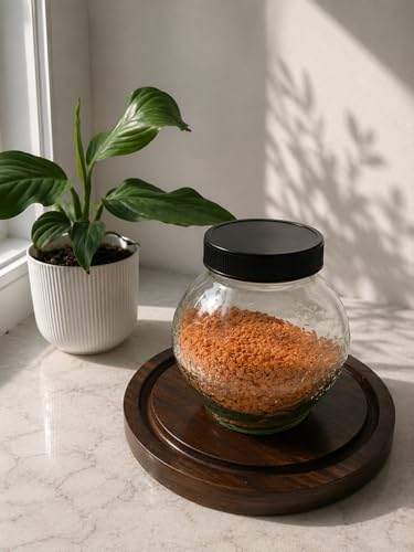 Image of Designer Transparent Glass Storage Jar with Black Plastic Airtight Lid, 900 ML Food Grade Kitchen & Pantry Storage Container, Size 8 X 14 X 14 cm, Ideal for Pulses, Dry Fruits
