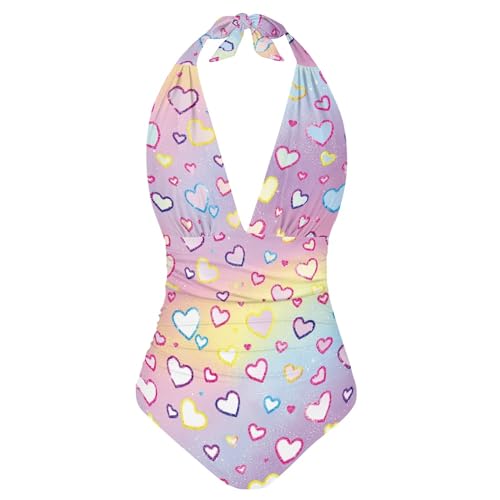 Cumagical Damen- Badeanzug, leicht, einteilig, V- Ausschnitt, bequem, modisch, Sommer, Neckholder, Badeanzug für Damen, Herz- Farbverlauf, S