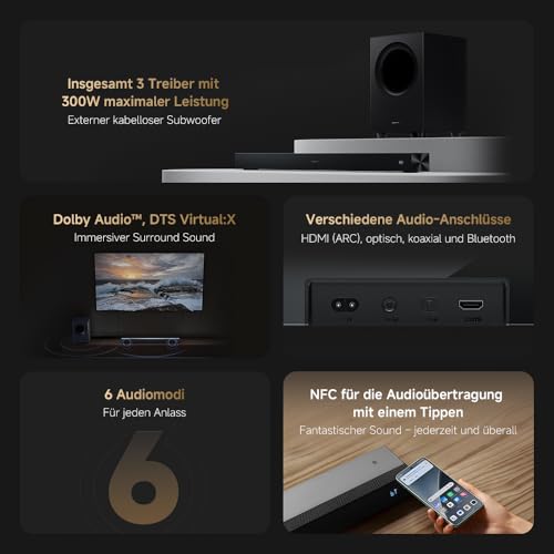 XIAOMI Soundbar Pro 2.1ch, TV-Soundbar 300W Max., kraftvoller Bass mit externem kabellosem Subwoofer, unterstützt Dolby Audio™ & DTS Virtual:X, HDMI ARC/Optisch/Koaxial/Bluetooth, Fernbedienung – Bild 5
