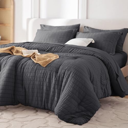 Image of MUXHOMO 7 Pieces King Comforter Set, Seersucker Bed in a Bag King Size, All Season Luxury Bedding Set with Comforter, Flat Sheet, Fitted Sheet, Pillowcases & Shams, Dark Grey