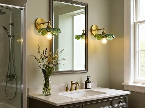 Image of Phansthy Hardwired Wall Light Boho Brass Finish Vintage Wall Sconce with Green Leaf Shaped Glass Shade, Vanity Lighting Suitable for Bathroom Living Room Hallway (Antique Gold)