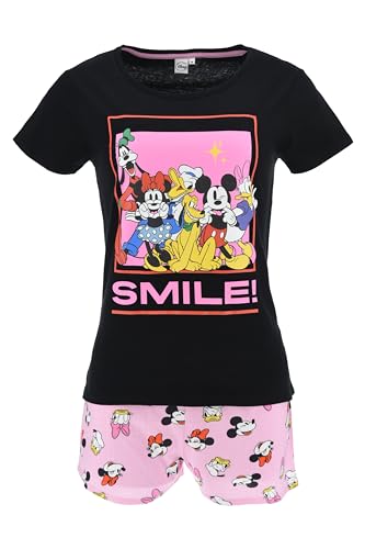 Disney Mickey and Friends T-Shirt und Shorts für Damen, Schlafanzug Baumwolle 2-Teiliges Set Minnie, Mickey, Donald, Daisy, Pluto und Goofy | Größe S | Schwarz