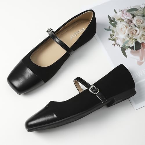 UZUJBAA Women's Suede Mary Jane Flats Buckle Square Cap Toe Ballet Flats Classy Dressy Comfortable Slip on Flats Soft Work Casual Flat Shoes3