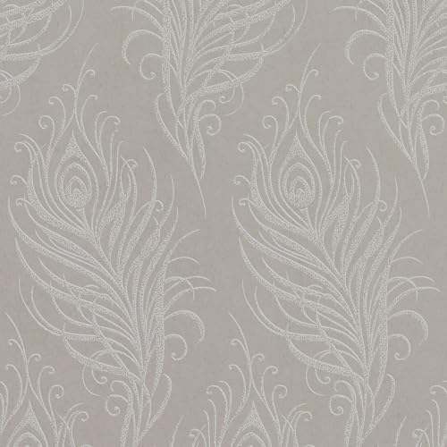 Graham & Brown Papier peint intissé Plume de paon Fibreux Métallique 1005 x 52cm Taupe | Revêtement Mural, Tapisserie | Ambiance Facile à poser et à enlever