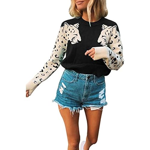 JUNBOON Women’s Casual Leopard Print Knitted Pullover Sweaters Long Sleeve Crew Neck Jumper Tops