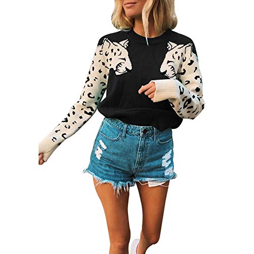 JUNBOON Womens Casual Leopard Print Knitted Pullover Sweaters Long Sleeve Crew Neck Jumper Tops
