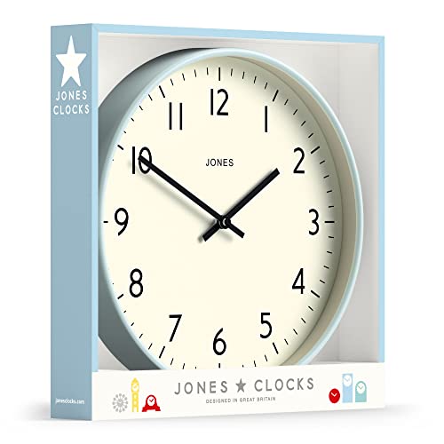 Jones Clocks® Studio Round Wall Clock - Round Clock - Modern Clock - Designer Clock - Kitchen Clock - Living Room Clock - Office Clock - Easy To Read Dial - Contemporary Design (Clear Blue) #TOP6