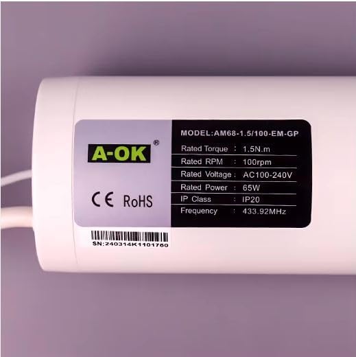 Product label showing model number and electrical specifications
