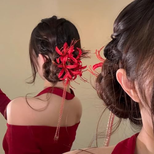 Image of Red Spider Lily Flower Hair Clips for Women Tassel Flower Clips for Hair Accessories Lycoris Radiata Floral Hairclip Duckbill Clip Cute Decorative Barrettes for Women Side Hairclips