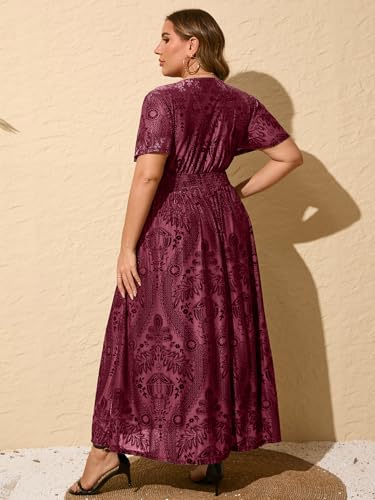Image of Simplee Women's V Neck Velvet Maxi Dress Short Sleeve Empire Waist Long Formal Dress for Wedding Guest