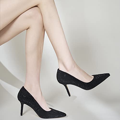 Tsrenlmln Women's Wedding Pumps Sparkly Rhinestone High Heels For Women Fashion Pointed Toe Stiletto Pumps Black 7.5 In #TOP4