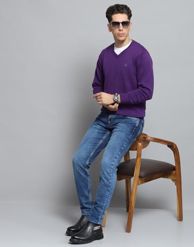 Image of Monte Carlo Mens Solid Purple V Neck Full Sleeve Pullover 1240550VN-315