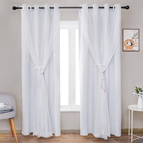 UNISTAR 2 Panels Stars Blackout for Bedroom Living Room Girls Kids Baby Room, Double Layer Star Cut Out Window Curtain, W52 x L84 Inch Length, Greyish White