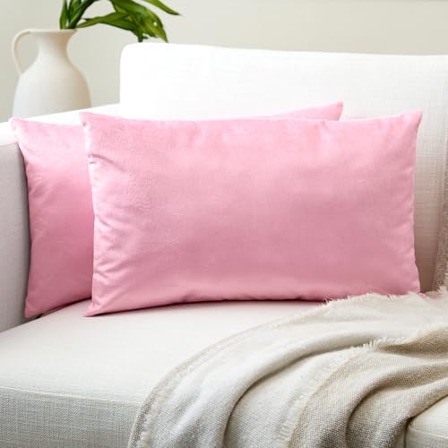 Image of Encasa XO Velvet Throw Pillow Covers 12x20 in (30x50 cm) - Light Pink - No Inserts, Pack of 2 Cases | Solid Plain Dyed Soft & Smooth, Square Decorative Cushion Covers for Living & Bedroom