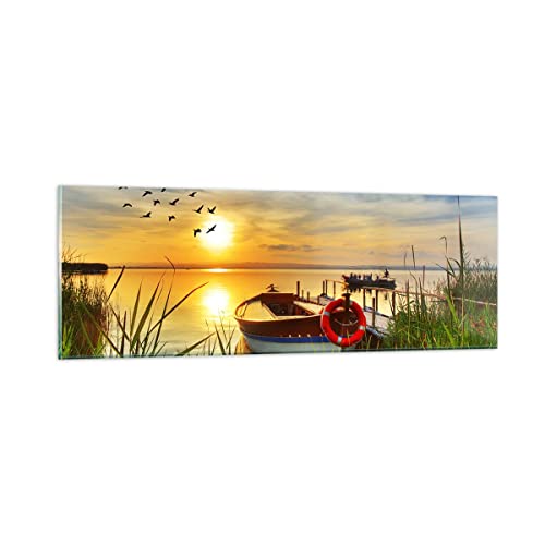 Moderne Impression sur Verre Bateau Lac Coucher de soleil l'été les gens Image Tableau en Verre Decoration Murale 90x30cm Deco Salon Chambre Panoramique Petit Tableaux Decoratifs Art GAB90x30-3053
