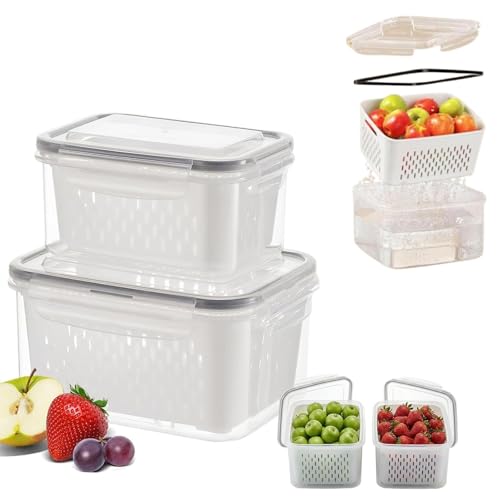 QUROXO 3Pack Fruit Storage Containers for Fridge with Removable Colander, 4 in 1 Food Storage Container, Leakproof Fridge Organizer Bins for Salad Berry Lettuce Meat Keep Fresh (Gray, M+L)