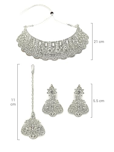 Rhodium Plated AD Stones Choker Necklace Set with Earring and Maangtika