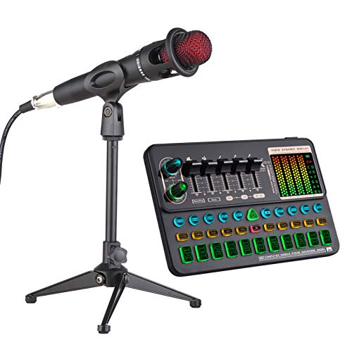 SK500 Portable Live Sound Card Voice Changer Device Audio Mixer Kit with Microphone Mic Stand Earphone for Smartphone Computer L