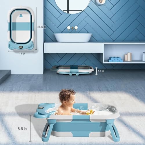 Image of TPN Collapsible Baby Bathtub for Infants to Toddler with Real-time Temp Monitor+Floating Cushion,Foldable Baby Bath Tub Set Applicable 0-36 Month,Perfect Portable Travel Baby Tub for Newborns Boy