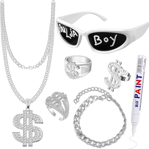 ZhengYuFa 90S 80S Hip Hop Costumes Kit 2000S Rapper Accessories Fake JewelryBoys Necklace Dollar Ring Steampunk Glasses Adults