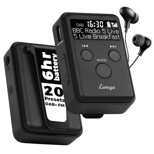 Pocket Portable DAB Radio | Rechargeable, Quick Charge | FM Radio | Sports Clip& XL Length Earphones | Radio for Sports Walk,Run or Biking | Small Digital DAB Radio,Pocket Radio | Lemega MINI GO,Black