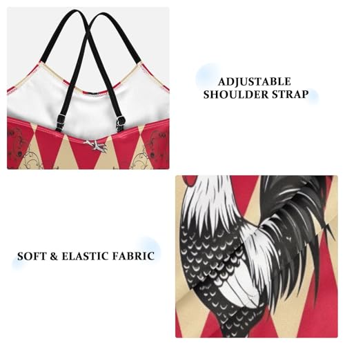 Retro Rooster Red Checkered One Piece Girls Swimsuit, Beach Swim Suits Kids 3-10 Y with Adjustable Shoulder Strap, 3-10 Y3