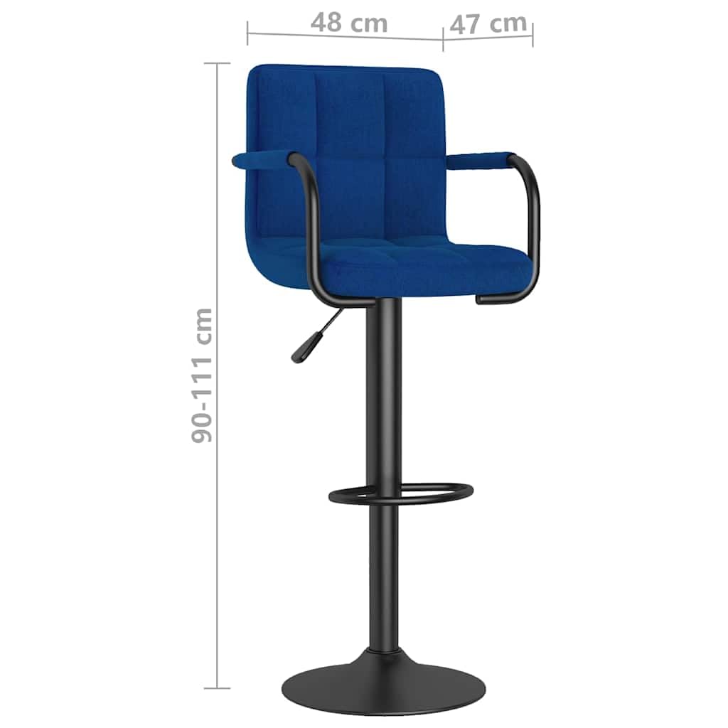 Taburete de bar de 2 unidades, tela azul con respaldo, reposabrazos, altura regulable y giratoria, acero con recubrimiento en polvo, reposapiés, ideal para cocina, comedor, bar y mostrador