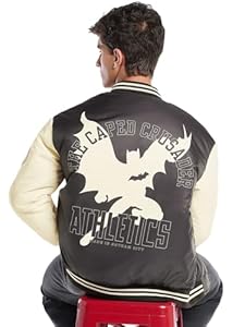 Bewakoof DC Merchandise Veste en nylon pour homme Motif Batman Coupe oversize Manches longues Col montant, Café-Custard_684820, M