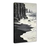 Black Sand Beach Wall Art Print, Basalt Sea Stacks And Crashing Waves in Misty Light, Minimal Seascape Oil Painting Framed Wall Decor 08x12inch(20x30cm)