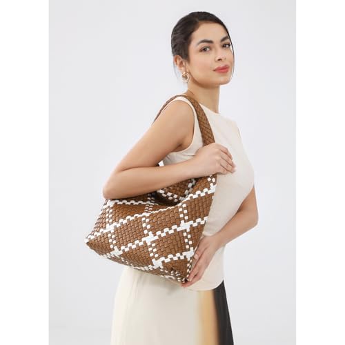 Image of Woven Bag for Women Vegan Leather Tote Bag Large Summer Beach Travel Handbag and Purse Retro Handwoven Shoulder Bag