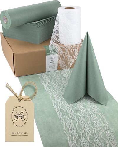 100%Mosel Tischdeko-Set – Eukalyptus Grün und Weiß (25–50 Gäste) | Tischläufer aus Vlies und Spitze mit Airlaid Servietten – praktisches Komplettset für Hochzeit, Taufe und Kommuni