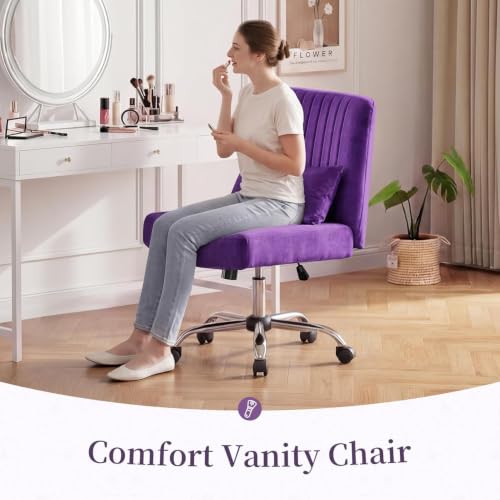 Image of Velvet Criss Cross Desk Chair with Wheels, Luxury Cross Legged Office Office, Swivel Wide Seat Vanity Chair, Armless Adjustable Height Gaming Chair Gift, Dusty (2, Purple)