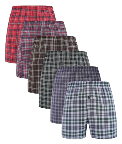 BAMBOO COOL Men's Woven Boxer Shorts,Classic Relaxed Fit,Lightweight Plaid Boxers underwear,6 Pack