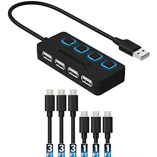 Sabrent 4-Port USB 2.0 Hub with Individual LED lit Power Switches + [6-Pack] 22AWG Premium Micro USB Cables (X3-3ft + X3-1ft) High Speed USB 2.0 A Male to Micro B Sync and Charge Cables