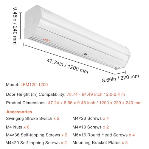 VEVOR 48" Commercial Indoor Air Curtain Super Power 2 Speeds 1200CFM, Wall Mounted Air Curtains for Doors, Indoor Over Door Fan with Heavy Duty Limit Switch, Easy-Install 110V Unheated by VEVOR - Image 7