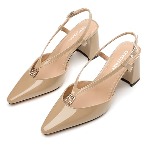 SKYSTERRY Women's Slingback Heels Chunky Block Closed Square Toe High Heel Pumps Sexy Ankle Strap Work Party Wedding Dress Pumps Shoes3