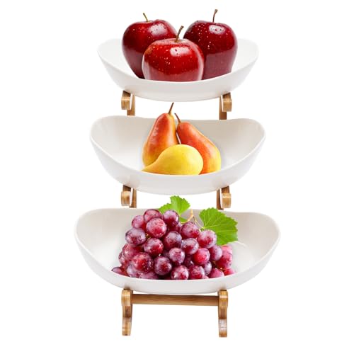 QuatoLuilo Cuenco de frutas, cesta de cerámica de 3 niveles, cuenco para servir con marco de madera de bambú para frutas, verduras, aperitivos, frutos secos, postre, bandeja para tartas para fiestas