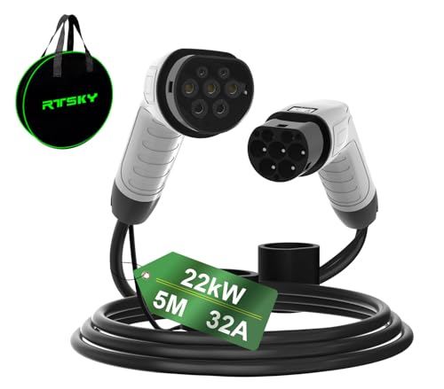 RTSKY Type 2 EV Charging Cable, 32A / 400V / 22KW / 3 Phase / 5 Meter, Type 2 to Type 2 High-Speed Charging Cable for Electric Vehicles and Plug-in Hybrids