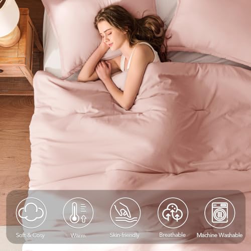 Image of Queen Comforter Set Prewashed Lightweight Quilted Bedding for All Season | 3PCS Blush Pink Breathable Down Alternative Bedding Set with 1 Solid Comforter (90 inchx90 inch) and 2 Soft Pillowcases