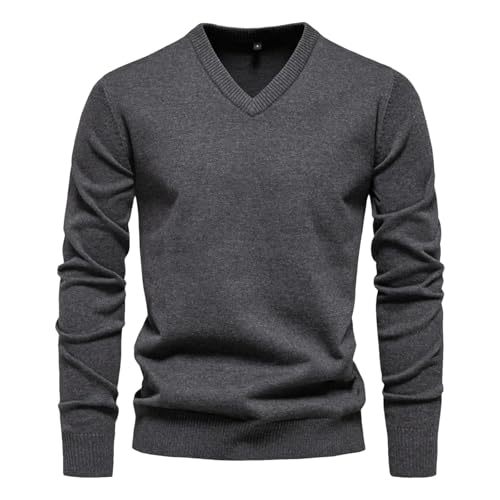 Men's V-Neck Knit Pullover Sweater Solid Cotton Long Sleeve Slim Fit Casual Lightweight Soft Knitwear Jumper Top